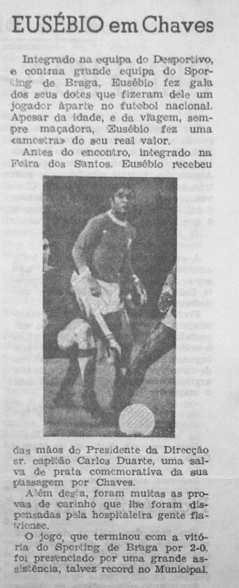 Recorte de jornal sobre a visita de Eusébio a Chaves